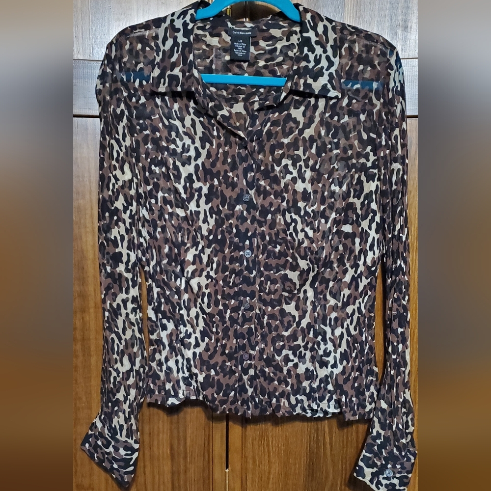 Calvin Klein Sheer Silk Blouse Sz L